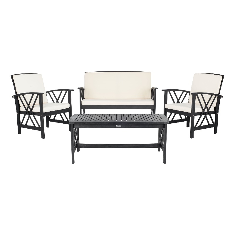 Pemberly Row Transitional Wood 4Pc Outdoor Set in Black / Beige