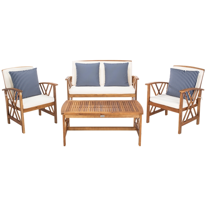 Pemberly Row Wood 4 Pc Outdoor Set in Natural / Beige / Navy / White