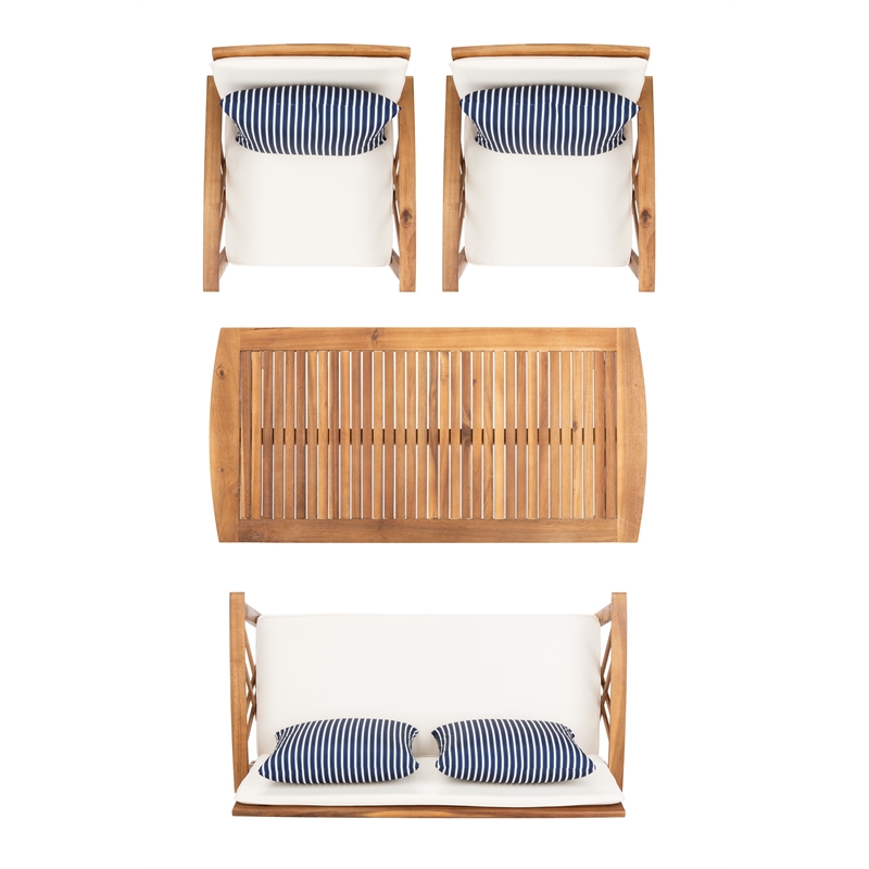 Pemberly Row Wood 4 Pc Outdoor Set in Natural / Beige / Navy / White