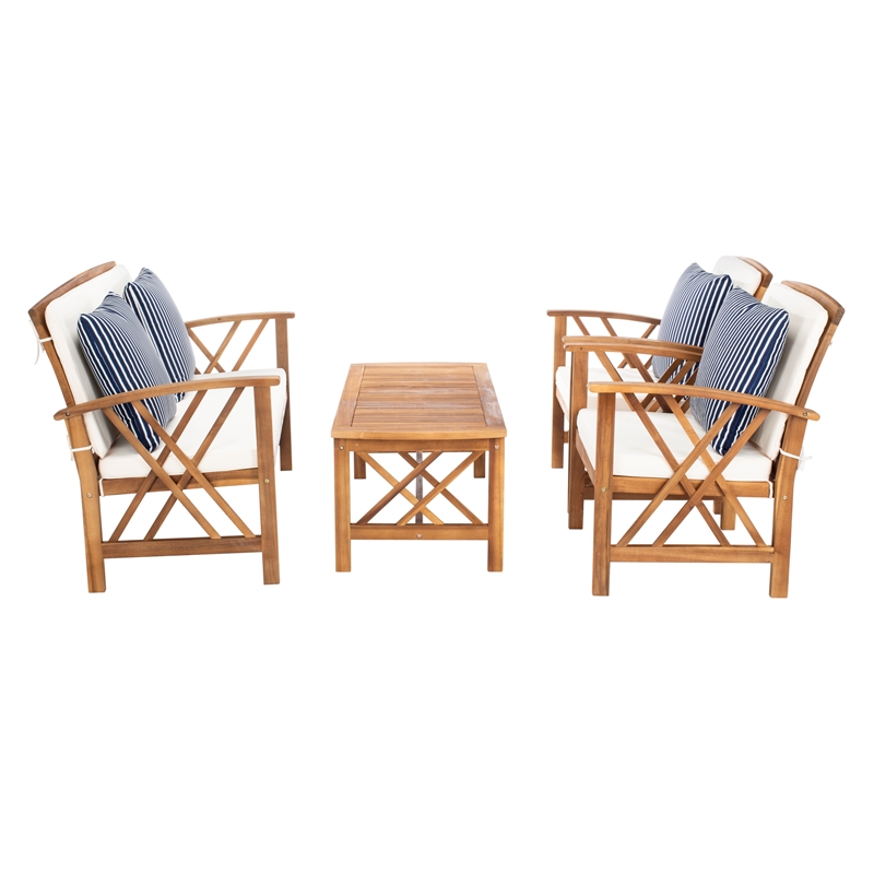 Pemberly Row Wood 4 Pc Outdoor Set in Natural / Beige / Navy / White