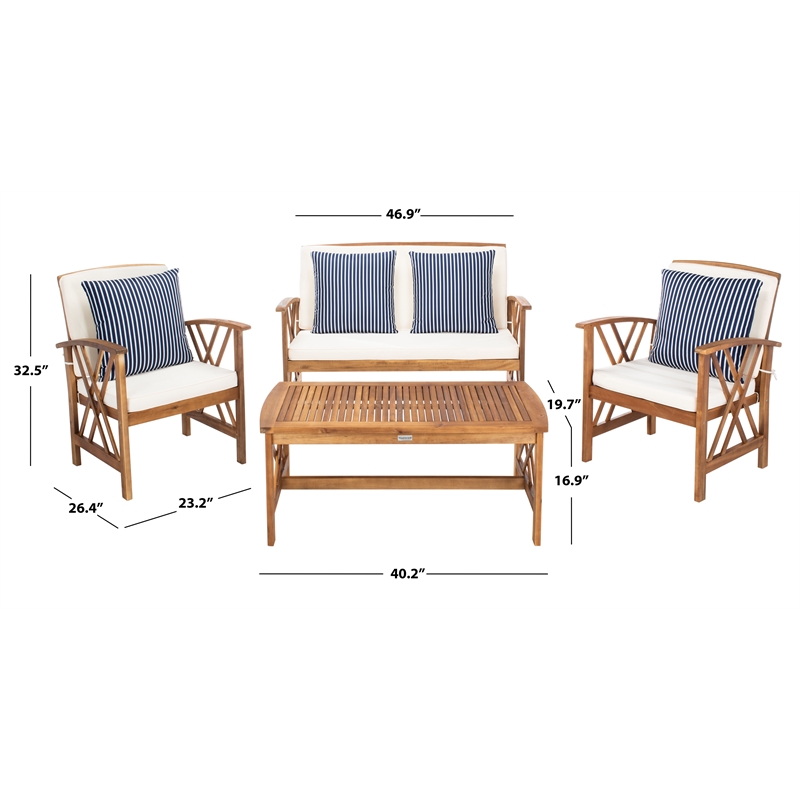 Pemberly Row Wood 4 Pc Outdoor Set in Natural / Beige / Navy / White