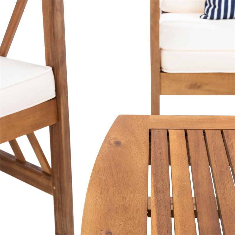 Pemberly Row Wood 4 Pc Outdoor Set in Natural / Beige / Navy / White