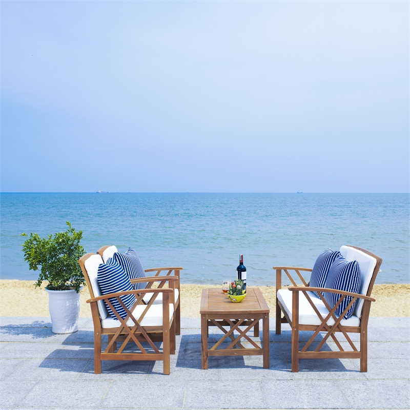 Pemberly Row Wood 4 Pc Outdoor Set in Natural / Beige / Navy / White