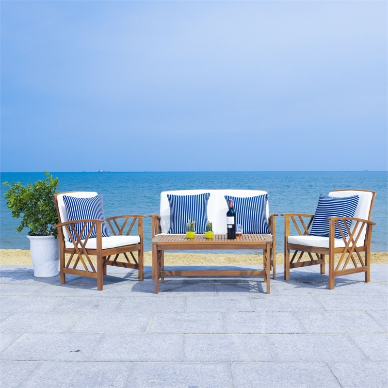 Pemberly Row Wood 4 Pc Outdoor Set in Natural / Beige / Navy / White