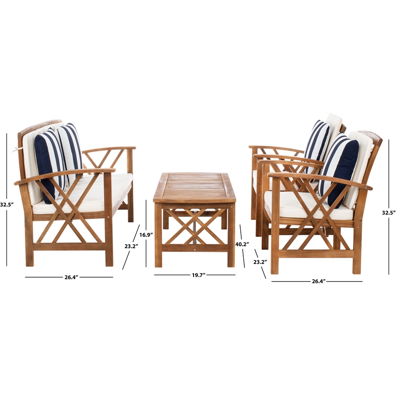 Pemberly Row Wood 4 Pc Outdoor Set in Natural / Beige / Navy / White