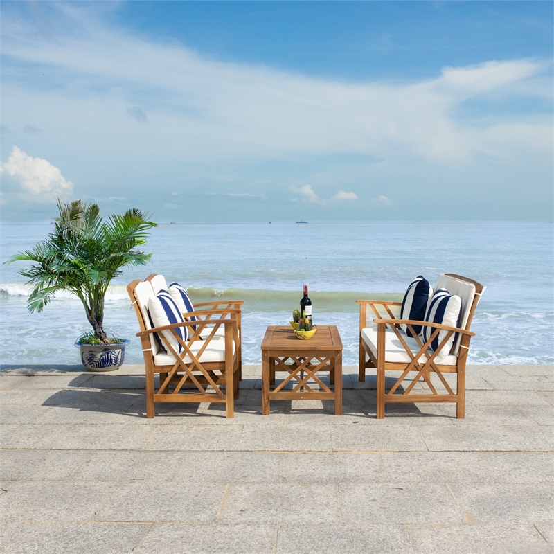 Pemberly Row Wood 4 Pc Outdoor Set in Natural / Beige / Navy / White