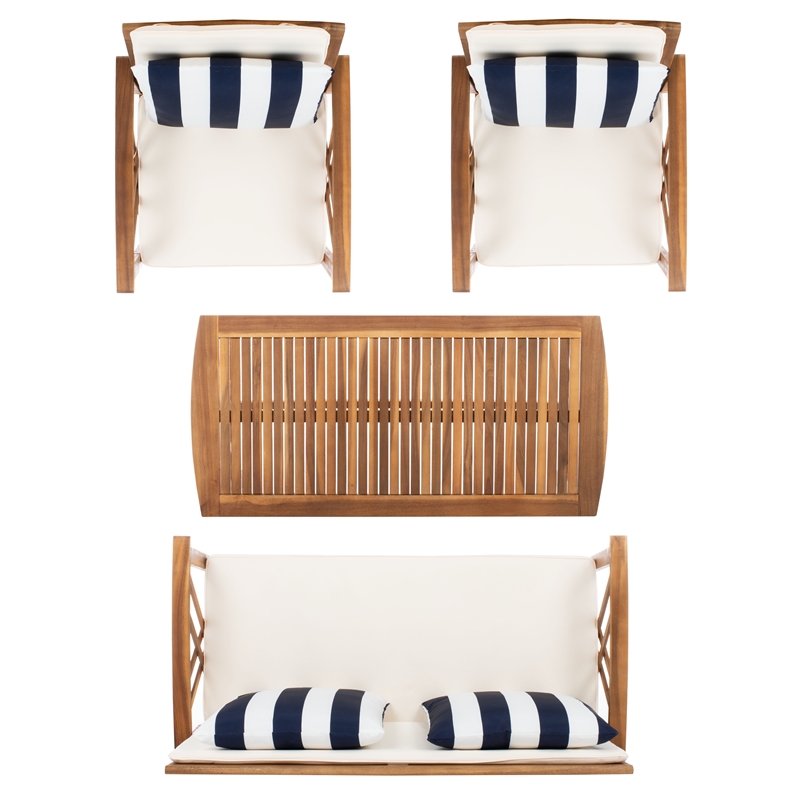 Pemberly Row Wood 4 Pc Outdoor Set in Natural / Beige / Navy / White