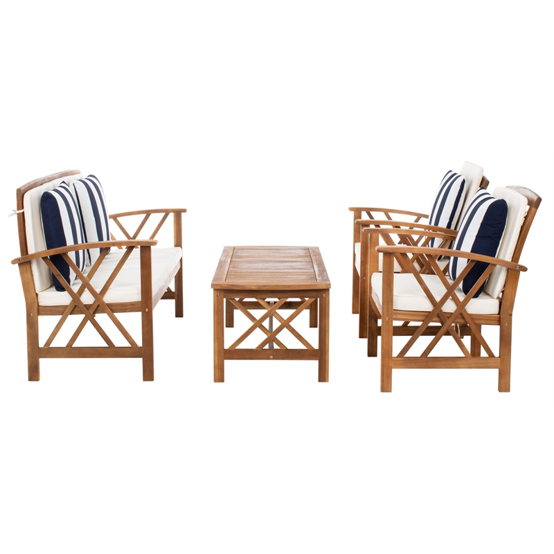 Pemberly Row Wood 4 Pc Outdoor Set in Natural / Beige / Navy / White