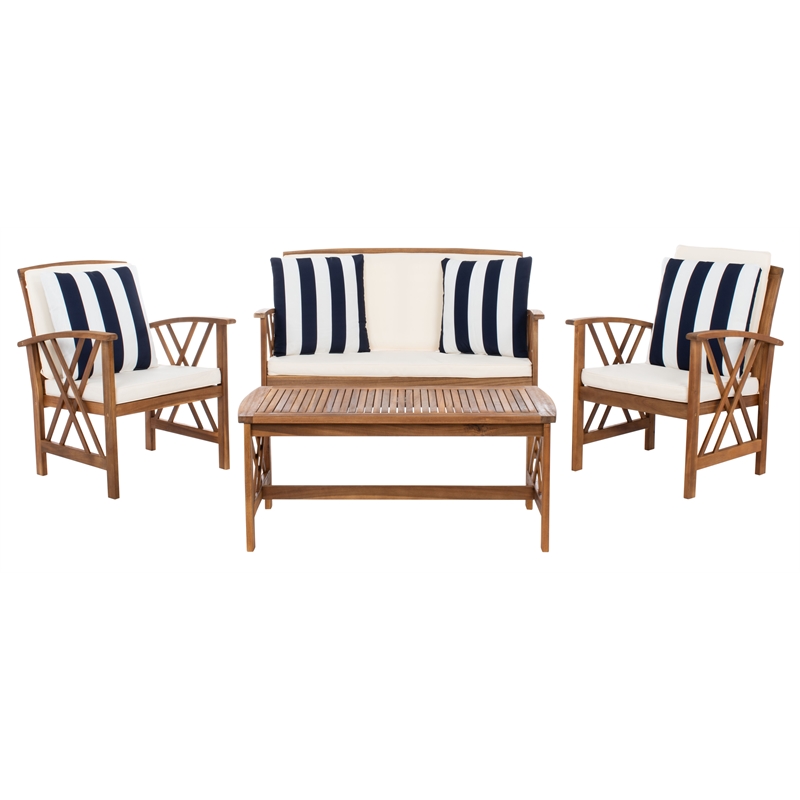 Pemberly Row Wood 4 Pc Outdoor Set in Natural / Beige / Navy / White