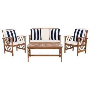 Pemberly Row Wood 4 Pc Outdoor Set in Natural / Beige / Navy / White