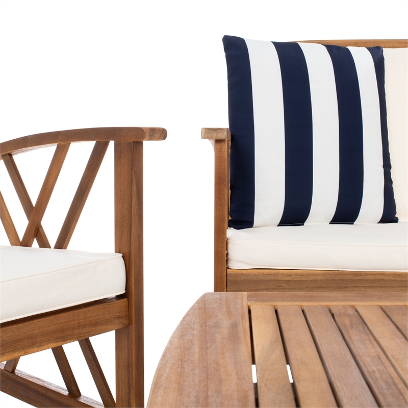 Pemberly Row Wood 4 Pc Outdoor Set in Natural / Beige / Navy / White