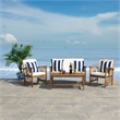 Pemberly Row Wood 4 Pc Outdoor Set in Natural / Beige / Navy / White
