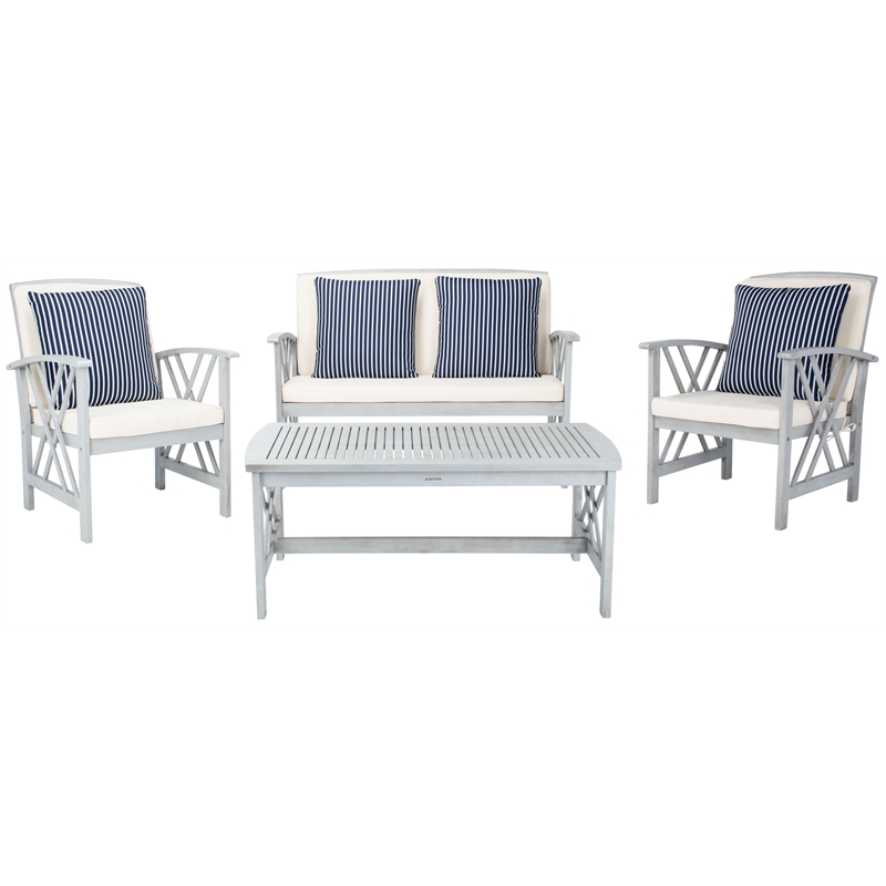 Pemberly Row Transitional Wood 4Pc Outdoor Set in Gray / Beige