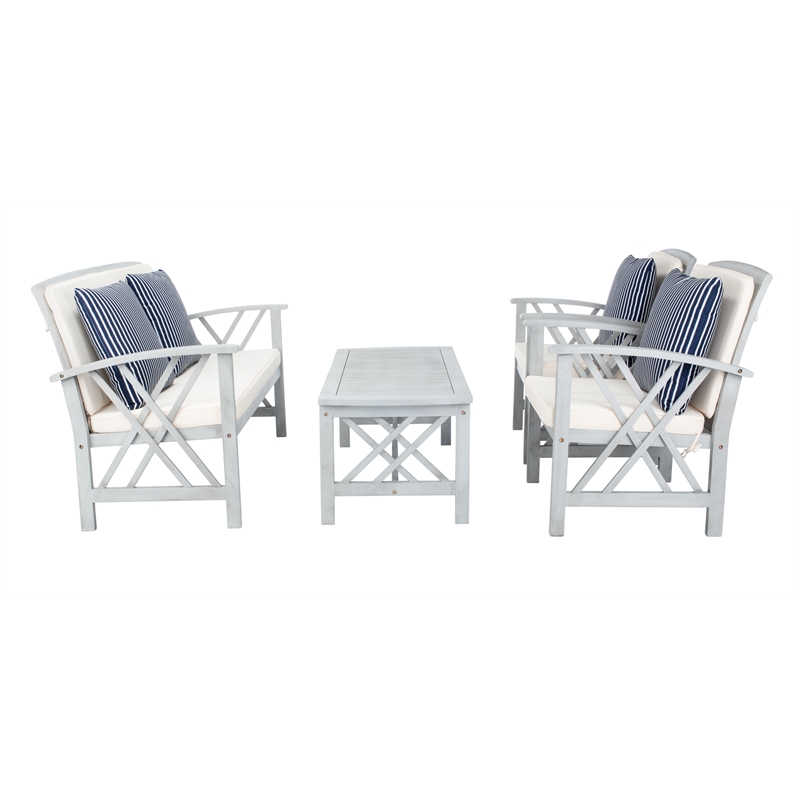 Pemberly Row Transitional Wood 4Pc Outdoor Set in Gray / Beige
