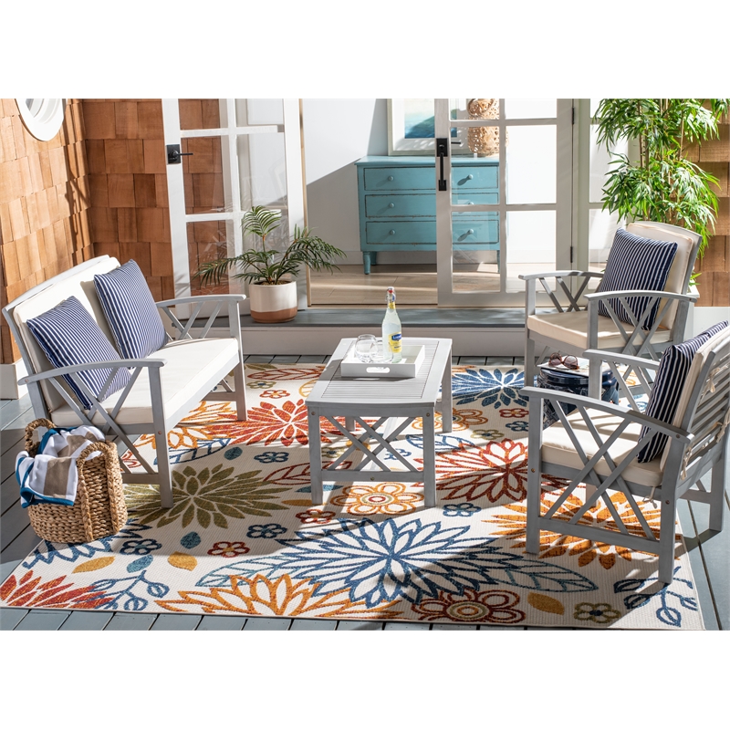 Pemberly Row Transitional Wood 4Pc Outdoor Set in Gray / Beige