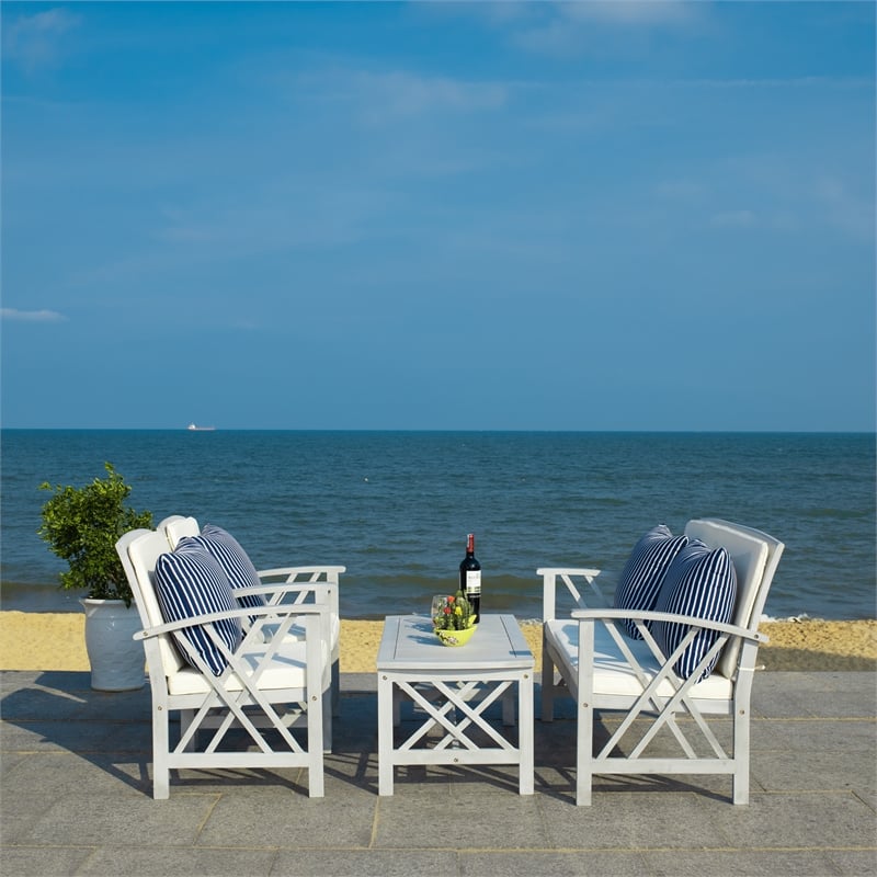 Pemberly Row Transitional Wood 4Pc Outdoor Set in Gray / Beige