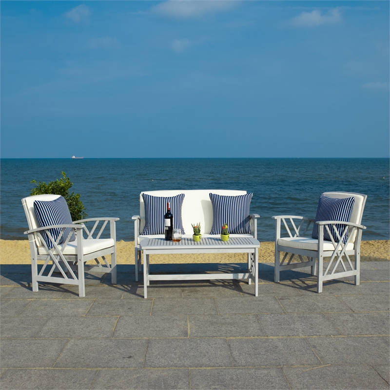 Pemberly Row Transitional Wood 4Pc Outdoor Set in Gray / Beige