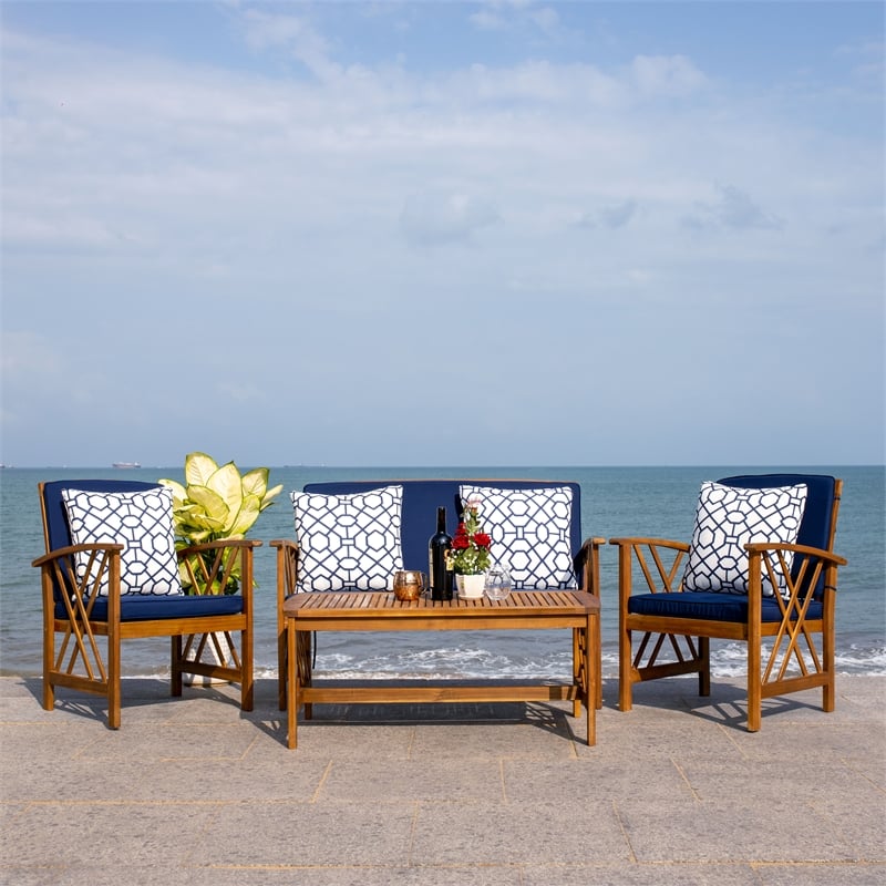 Pemberly Row Transitional Wood 4Pc Outdoor Set in Natural / Navy