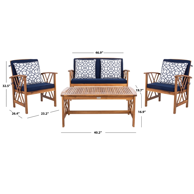 Pemberly Row Transitional Wood 4Pc Outdoor Set in Natural / Navy
