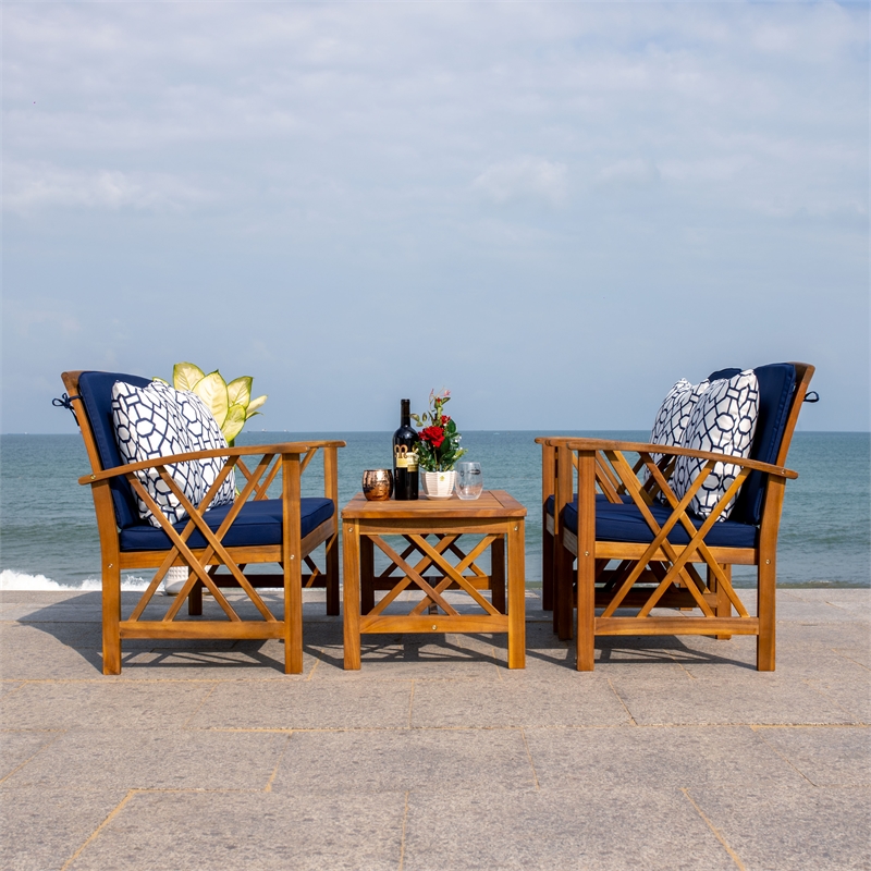 Pemberly Row Transitional Wood 4Pc Outdoor Set in Natural / Navy