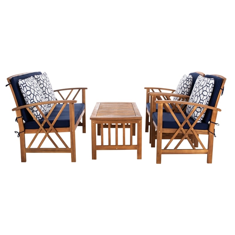 Pemberly Row Transitional Wood 4Pc Outdoor Set in Natural / Navy