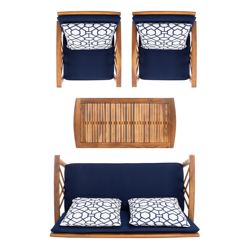 Pemberly Row Transitional Wood 4Pc Outdoor Set in Natural / Navy