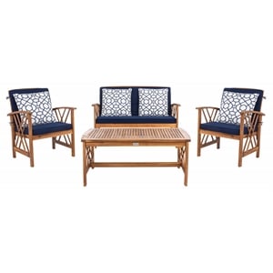 Pemberly Row Transitional Wood 4Pc Outdoor Set in Natural / Navy