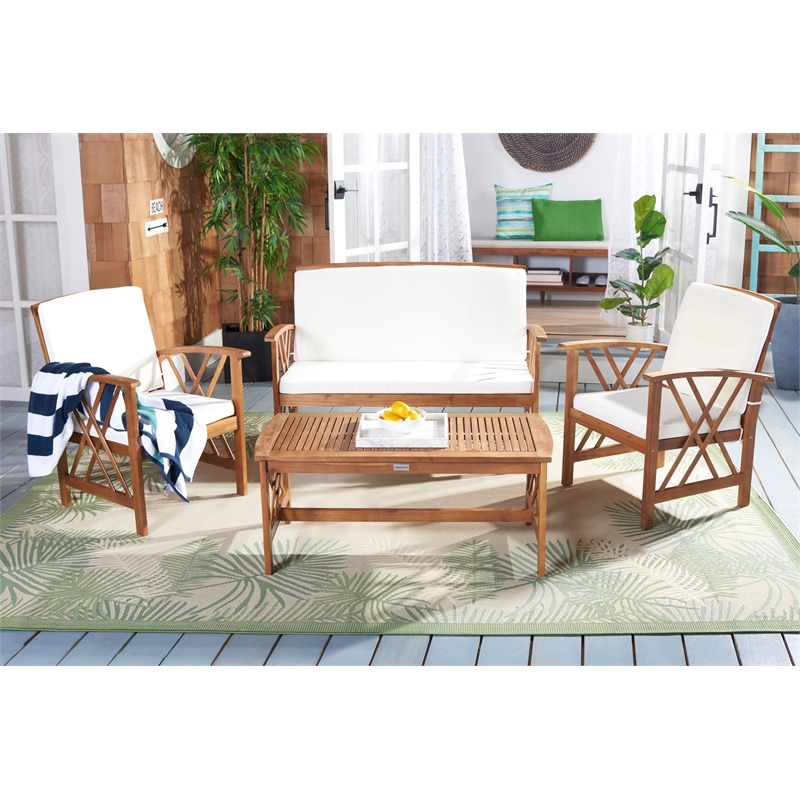 Pemberly Row Transitional Wood 4 Piece Outdoor Set in Natural / Beige
