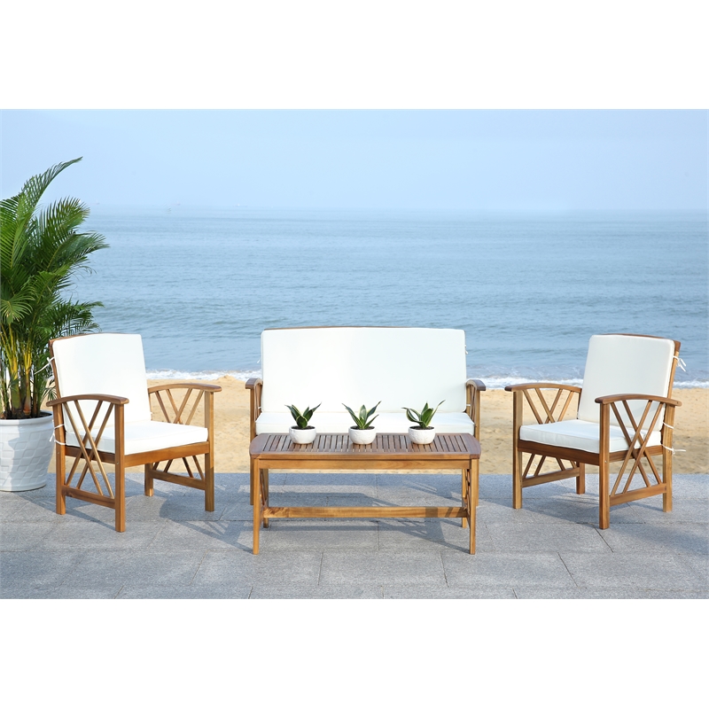 Pemberly Row Transitional Wood 4 Piece Outdoor Set in Natural / Beige