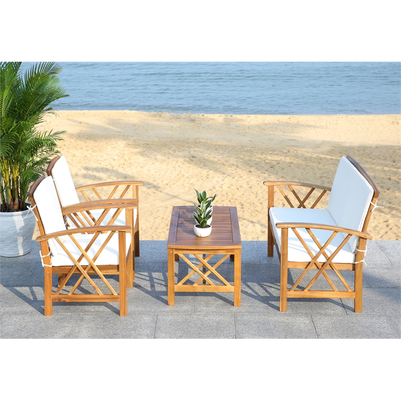 Pemberly Row Transitional Wood 4 Piece Outdoor Set in Natural / Beige