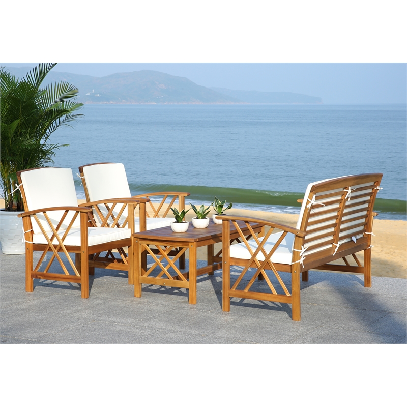 Pemberly Row Transitional Wood 4 Piece Outdoor Set in Natural / Beige