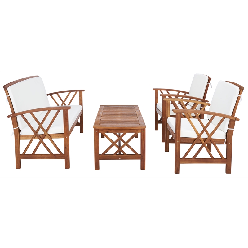 Pemberly Row Transitional Wood 4 Piece Outdoor Set in Natural / Beige