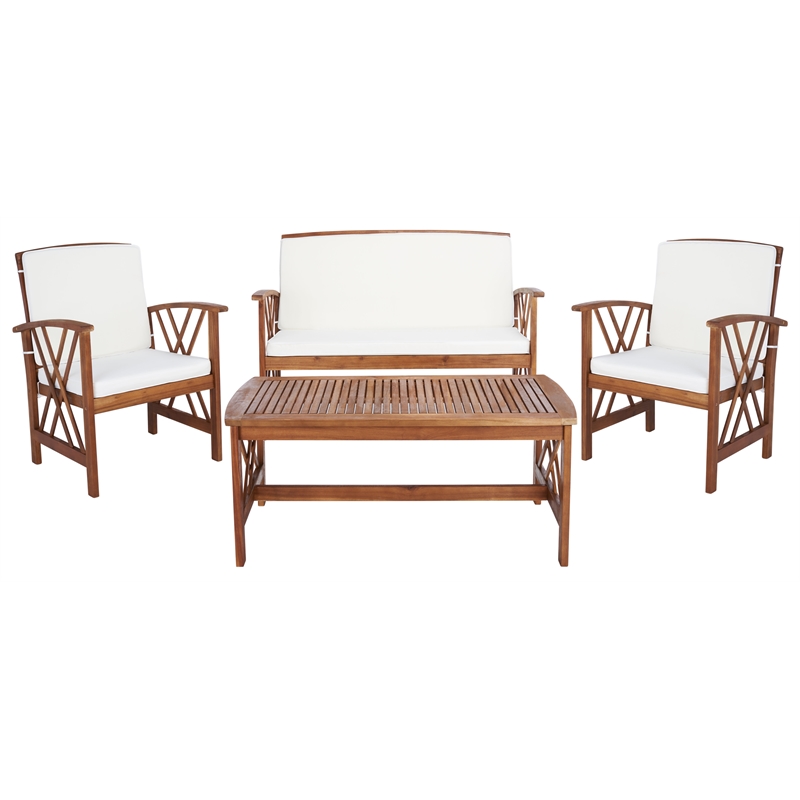 Pemberly Row Transitional Wood 4 Piece Outdoor Set in Natural / Beige