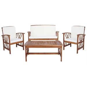 Pemberly Row Transitional Wood 4 Piece Outdoor Set in Natural / Beige