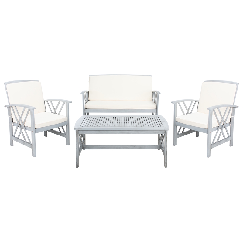 Pemberly Row Transitional Wood 4Pc Outdoor Set in Gray / Beige