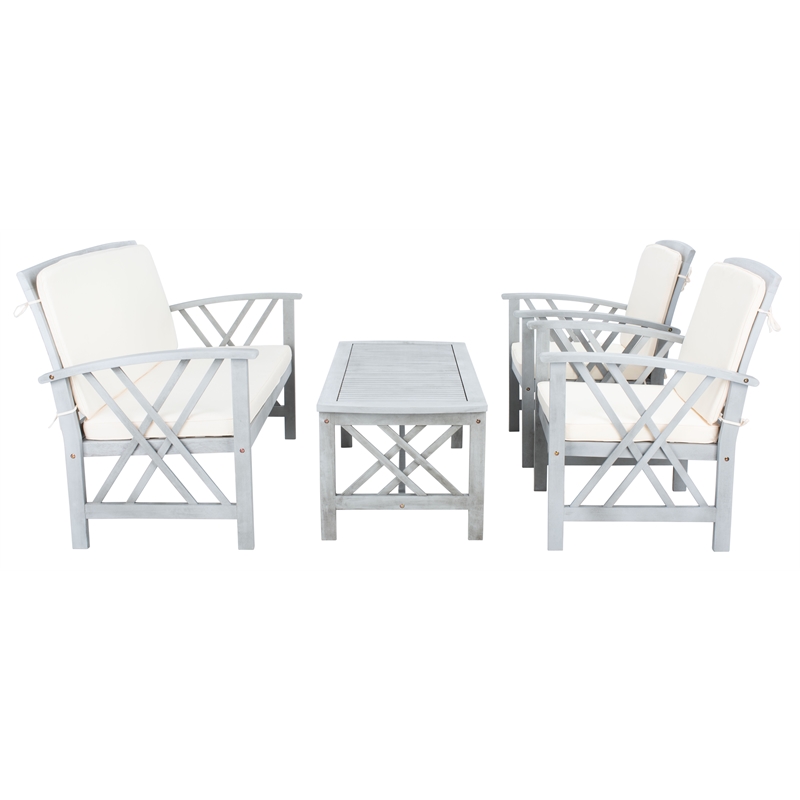 Pemberly Row Transitional Wood 4Pc Outdoor Set in Gray / Beige