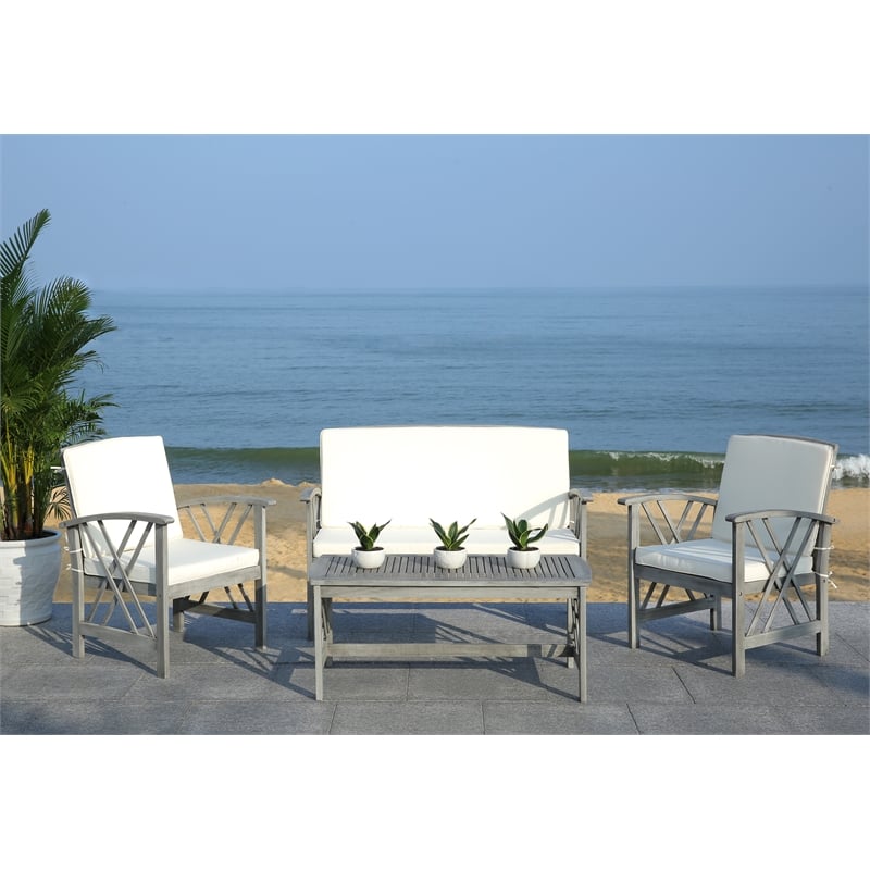 Pemberly Row Transitional Wood 4Pc Outdoor Set in Gray / Beige