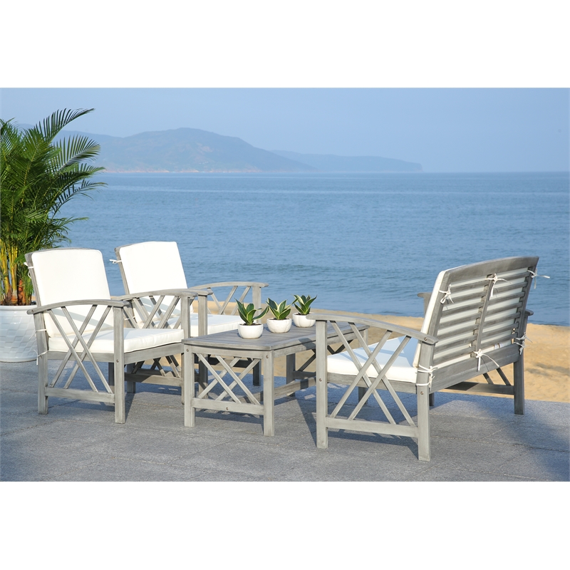 Pemberly Row Transitional Wood 4Pc Outdoor Set in Gray / Beige