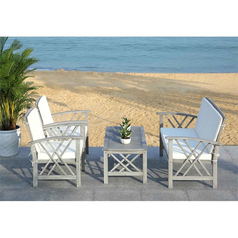 Pemberly Row Transitional Wood 4Pc Outdoor Set in Gray / Beige