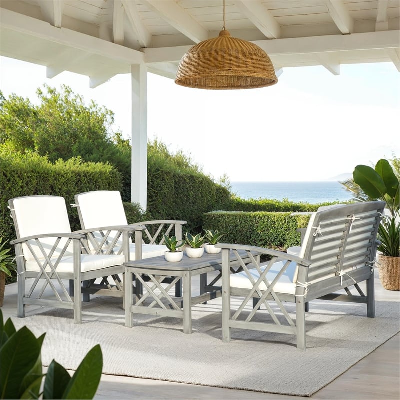 Pemberly Row Transitional Wood 4Pc Outdoor Set in Gray / Beige