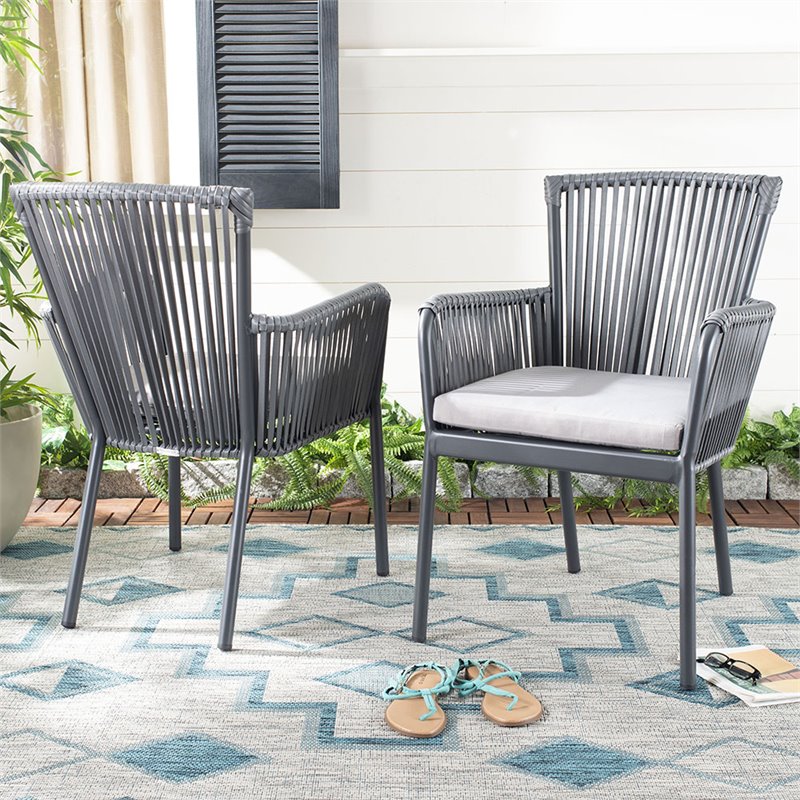 Pemberly Row Aluminum Stackable Rope Patio Chair in Black and Gray (Set of 2)