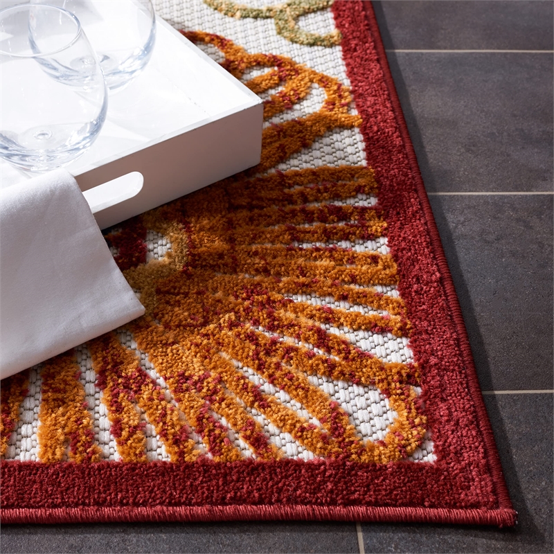Pemberly Row Contemporary Polypropylene 4' x 6' Rug in Creme and Red