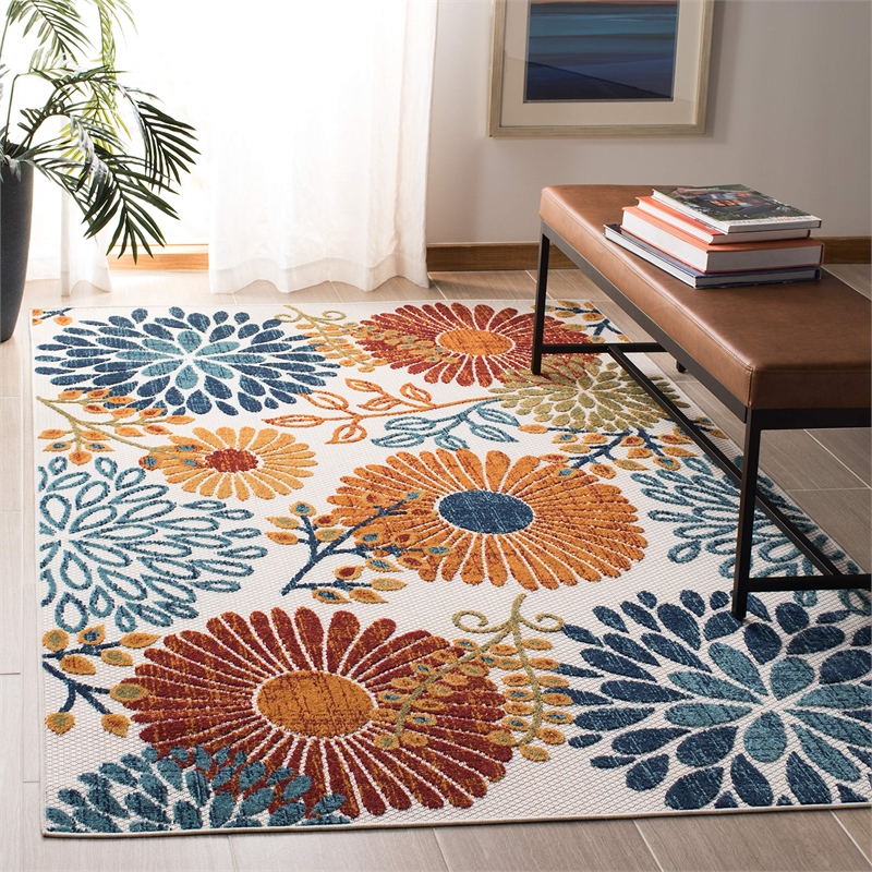 Pemberly Row Contemporary Polypropylene 9' x 12' Rug in Creme and Red