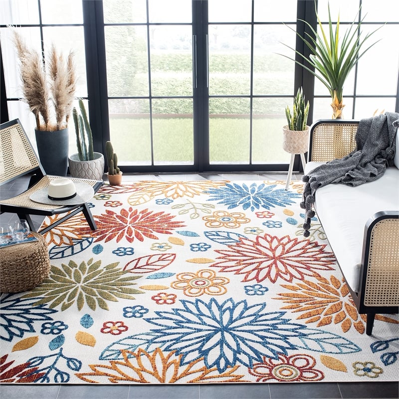 Pemberly Row Contemporary Polypropylene 9' x 12' Rug in Creme and Red