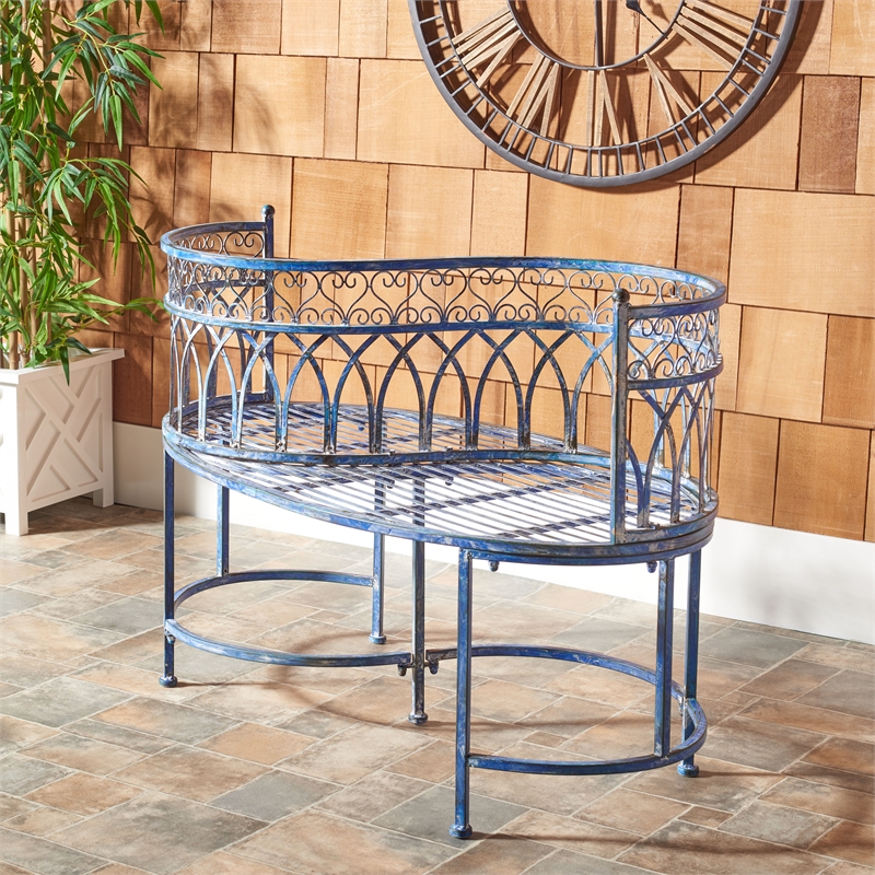Pemberly Row Traditional Powder Coated Kissing Iron Bench in Blue