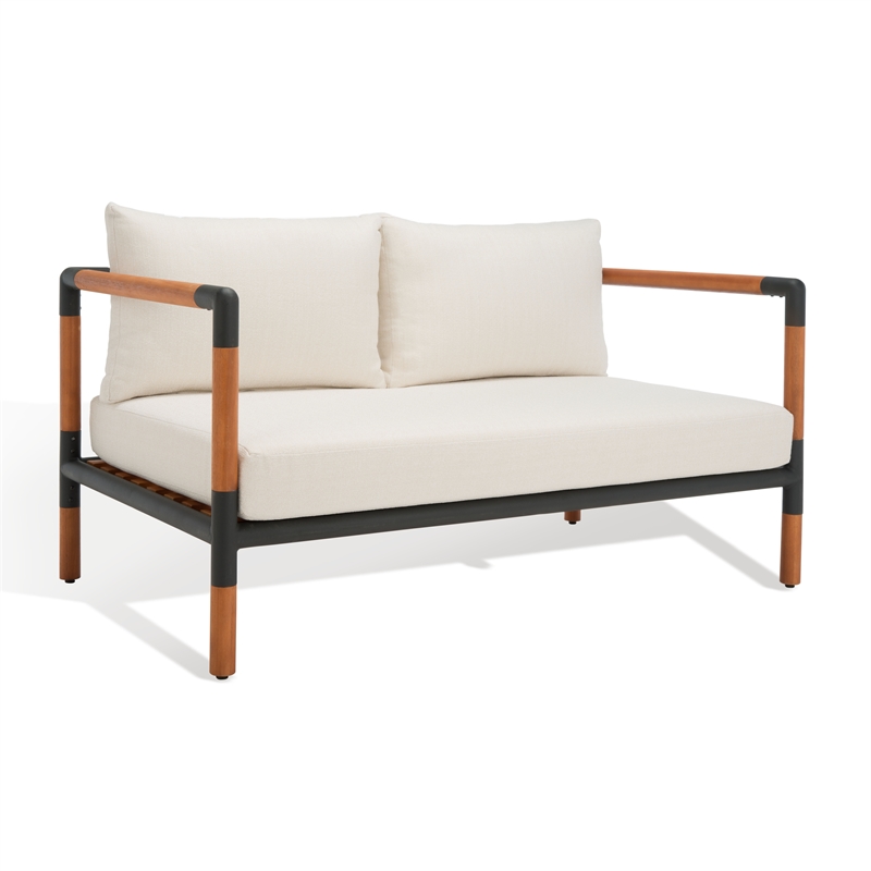 Pemberly Row Mid-Century Metal and Wood Patio Sofa in Black / White
