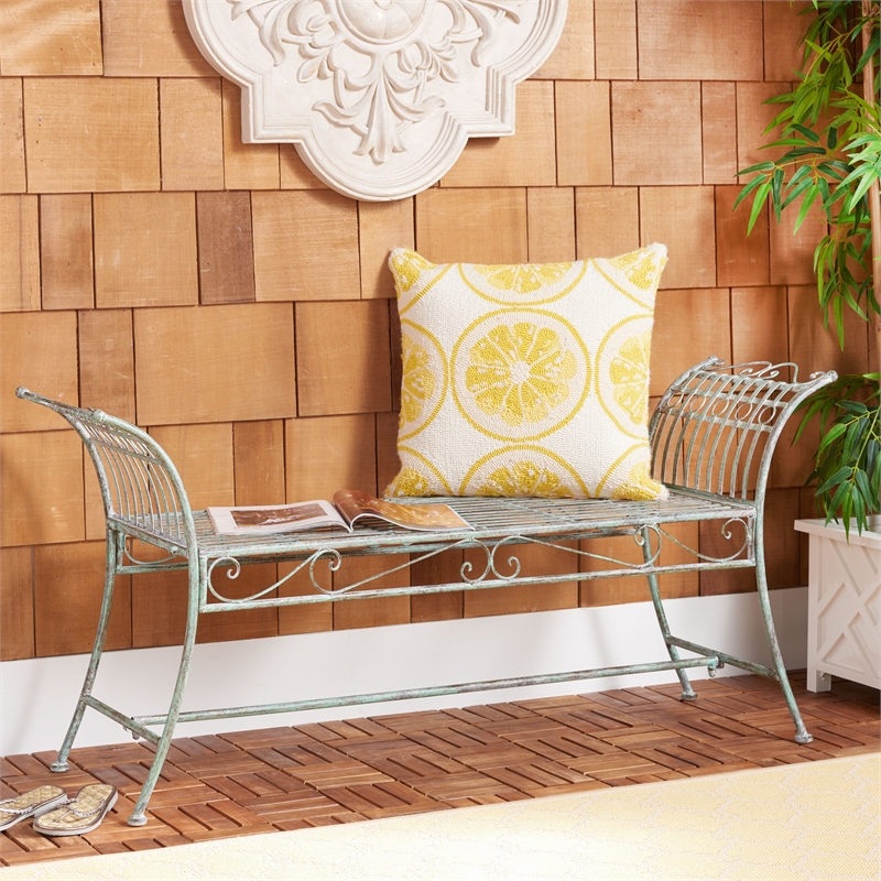 Pemberly Row Traditional Powder Coated Iron Bench in Green Finish