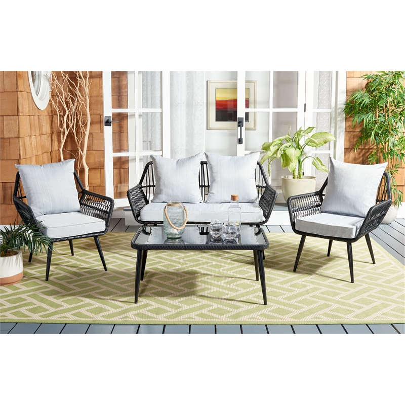 Pemberly Row Coastal Wood and Metal 4Pc Living Set in Black / Gray