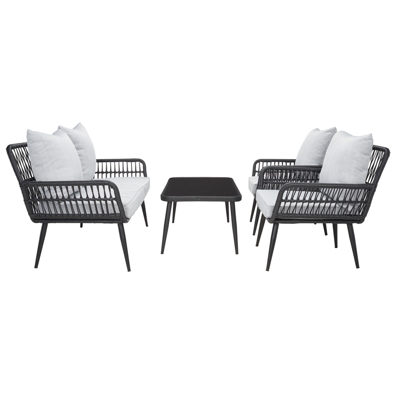 Pemberly Row Coastal Wood and Metal 4Pc Living Set in Black / Gray