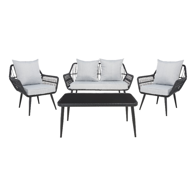 Pemberly Row Coastal Wood and Metal 4Pc Living Set in Black / Gray